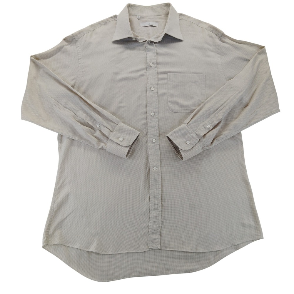 Ermenegildo Zegna Button Down Mens L Beige Excellent Micro Check Cotton Spain